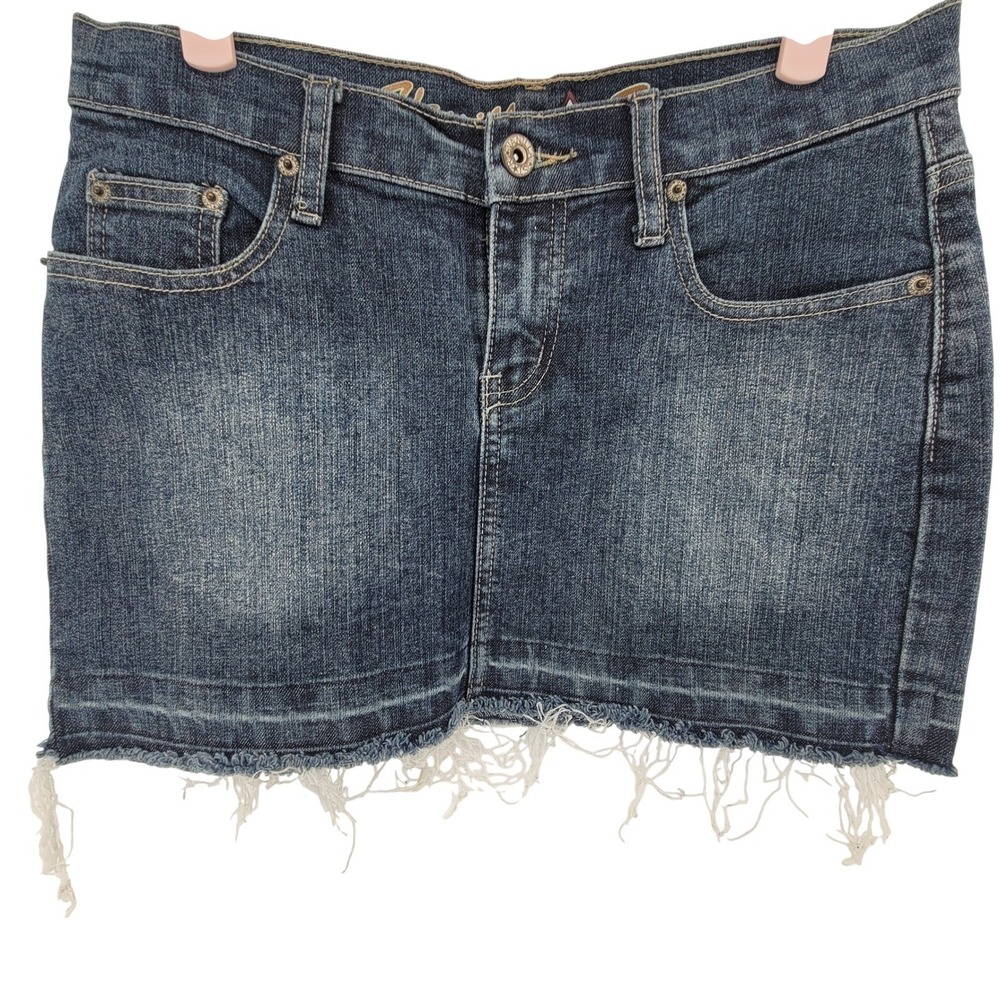 Vanilla Star Womens Denim Micro Mini Skirt Leopard Trim Distressed Size 5 Blue